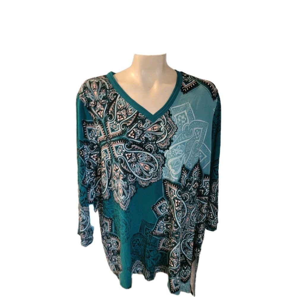 Chicos Teal Paisley Medallion V-Neck Tunic Top Size 3 XL Long Sleeveโ Side Slits